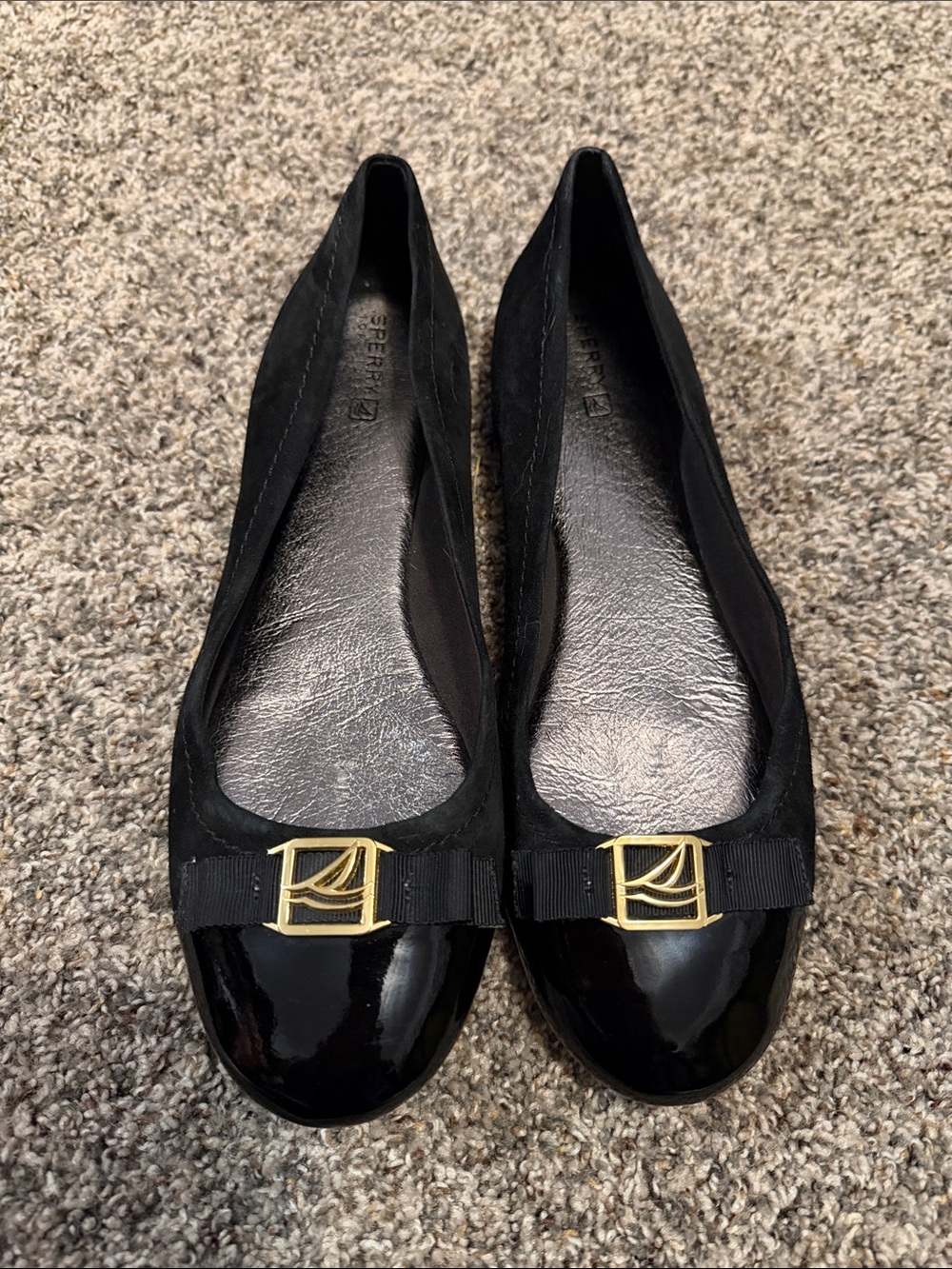 Sperry Top Sider Black Suede Leather Ballet Flats with Gold Logo Accent Size 10